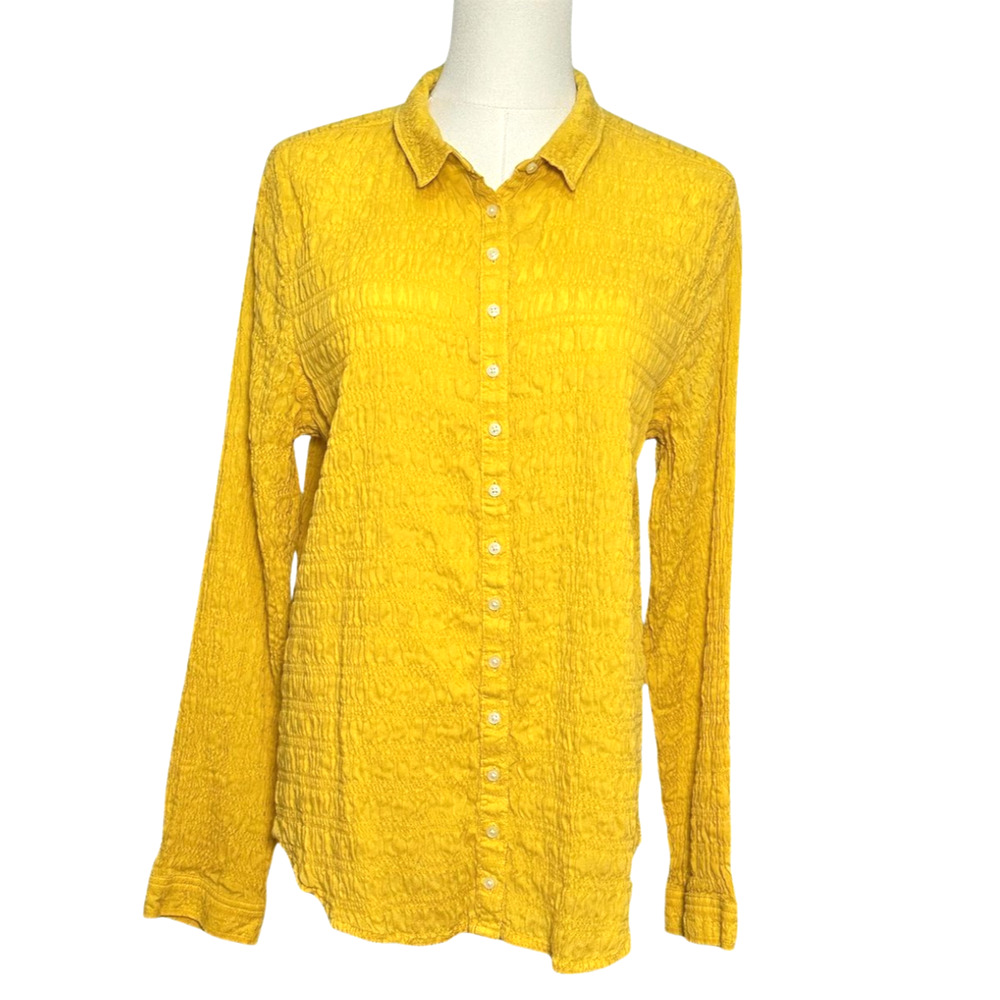Everlane Yellow Smocked Button Up Long Sleeve Collared Blouse Size 14